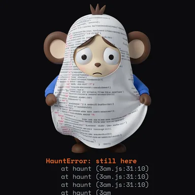 Jitters as a bedsheet ghost made of his own stack trace, a Halloween t-shirt