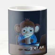 Jitters on a personalized programmer gift mug, 3:47 AM printed beside him