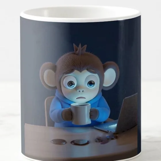Jitters the vibe coder monkey on a coffee mug, 3:33 AM printed on his desk