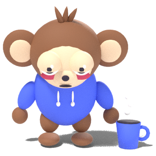 An anxious cartoon monkey in a blue hoodie, holding coffee